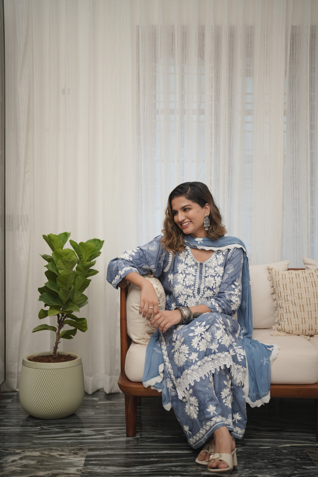 Dusty Pakistani Kurta Set with Embroidered Dupatta