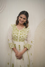 Ivory Anarkali Kurta with Olive Green Mirror Embroidery