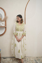 Ivory Anarkali Kurta with Olive Green Mirror Embroidery