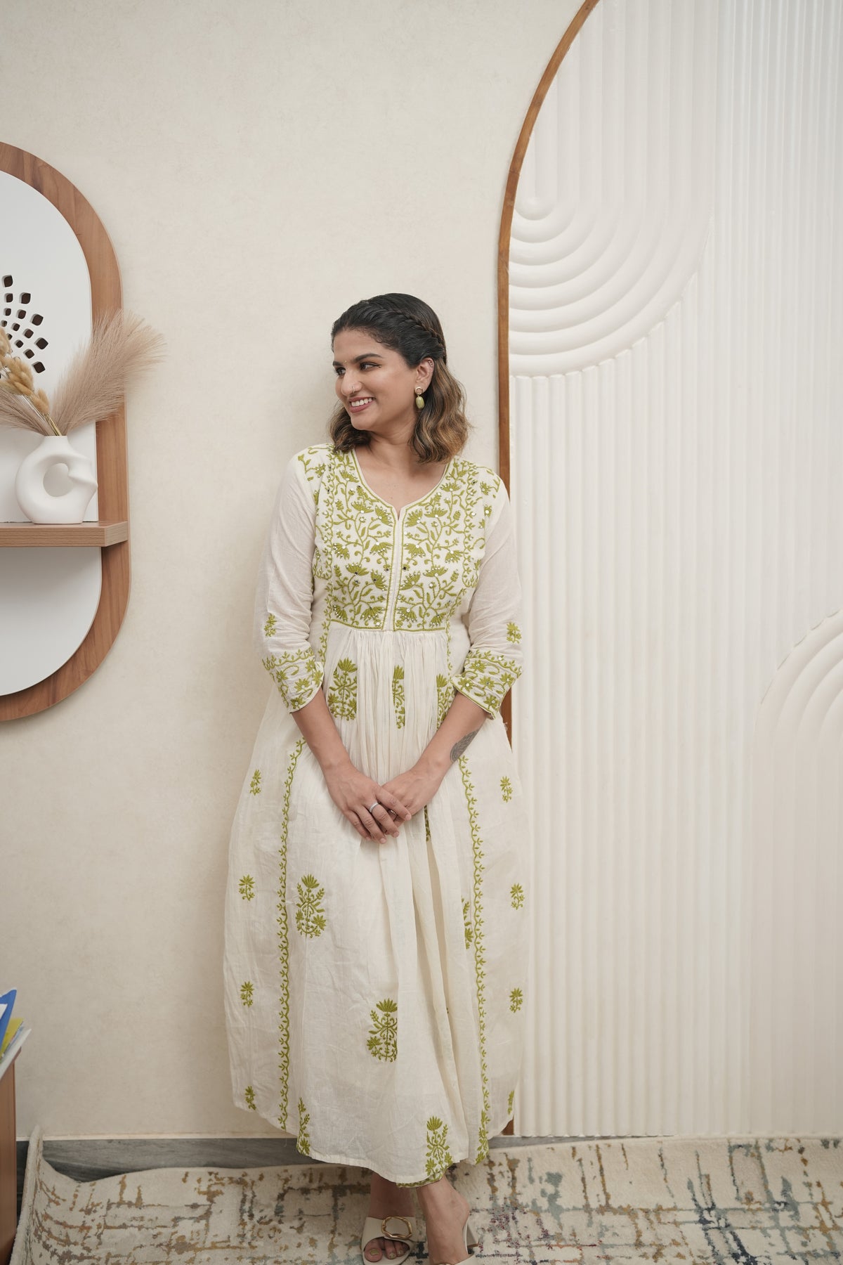 Ivory Anarkali Kurta with Olive Green Mirror Embroidery