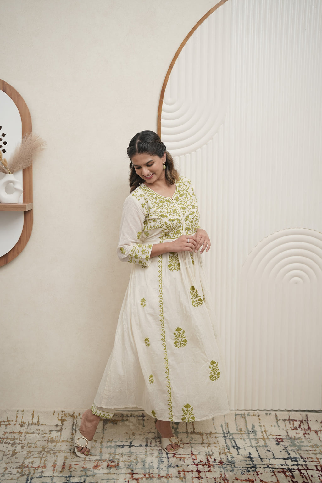 Ivory Anarkali Kurta with Olive Green Mirror Embroidery