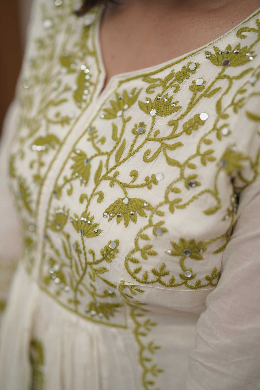 Ivory Anarkali Kurta with Olive Green Mirror Embroidery
