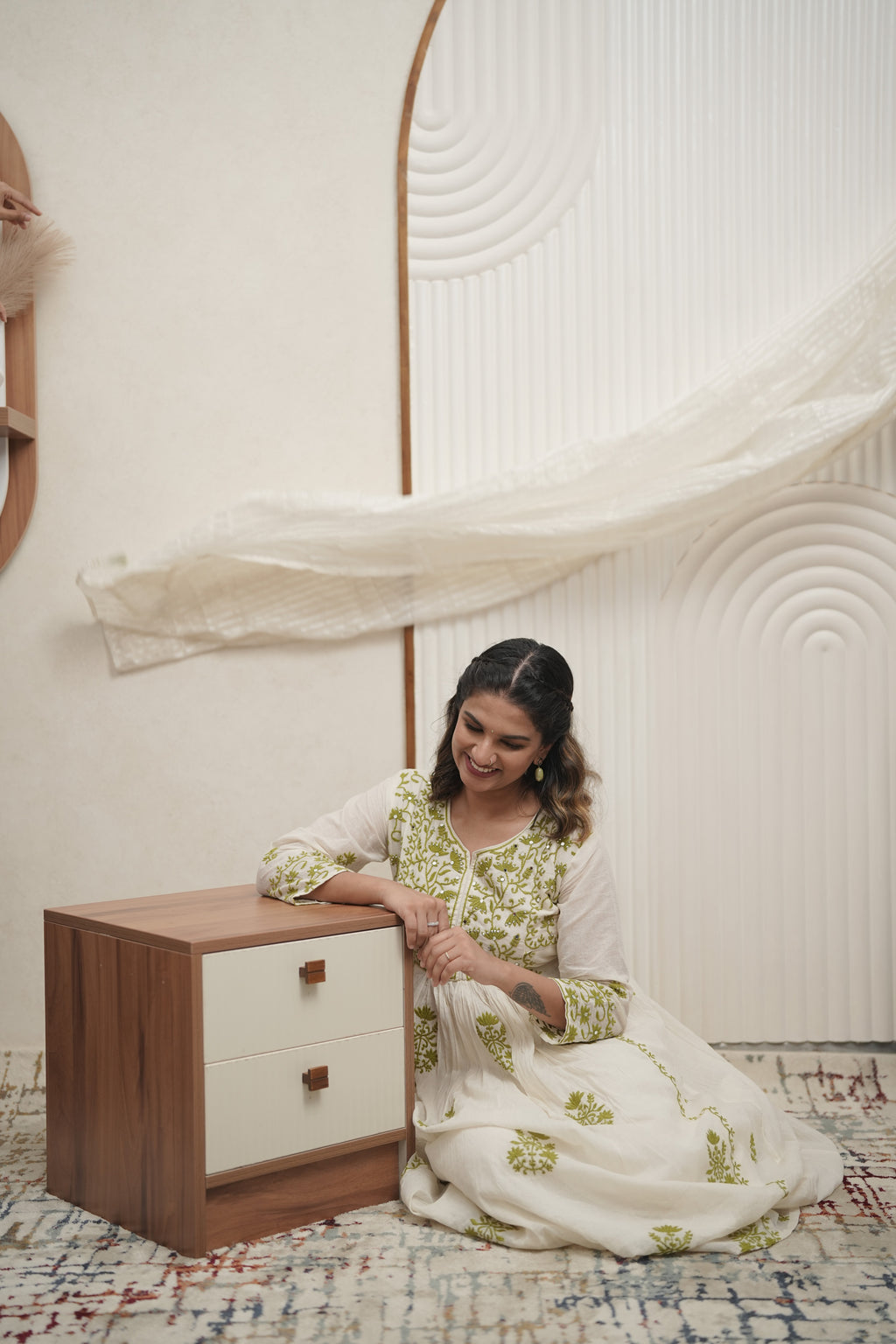 Ivory Anarkali Kurta with Olive Green Mirror Embroidery