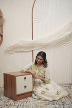 Ivory Anarkali Kurta with Olive Green Mirror Embroidery