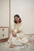 Ivory Anarkali Kurta with Olive Green Mirror Embroidery