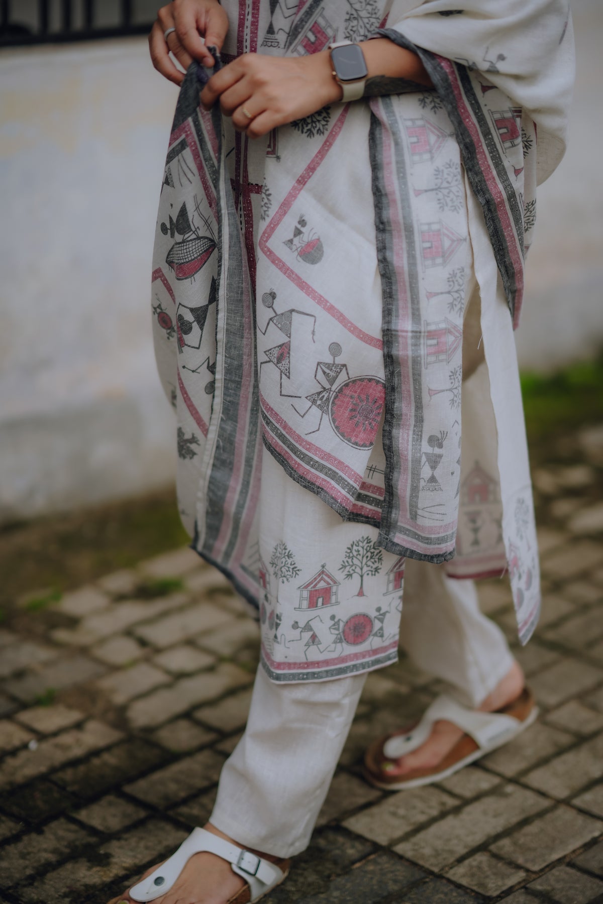 Ivory Warli Hand Block-Printed Cotton Kurta Set with Dupatta