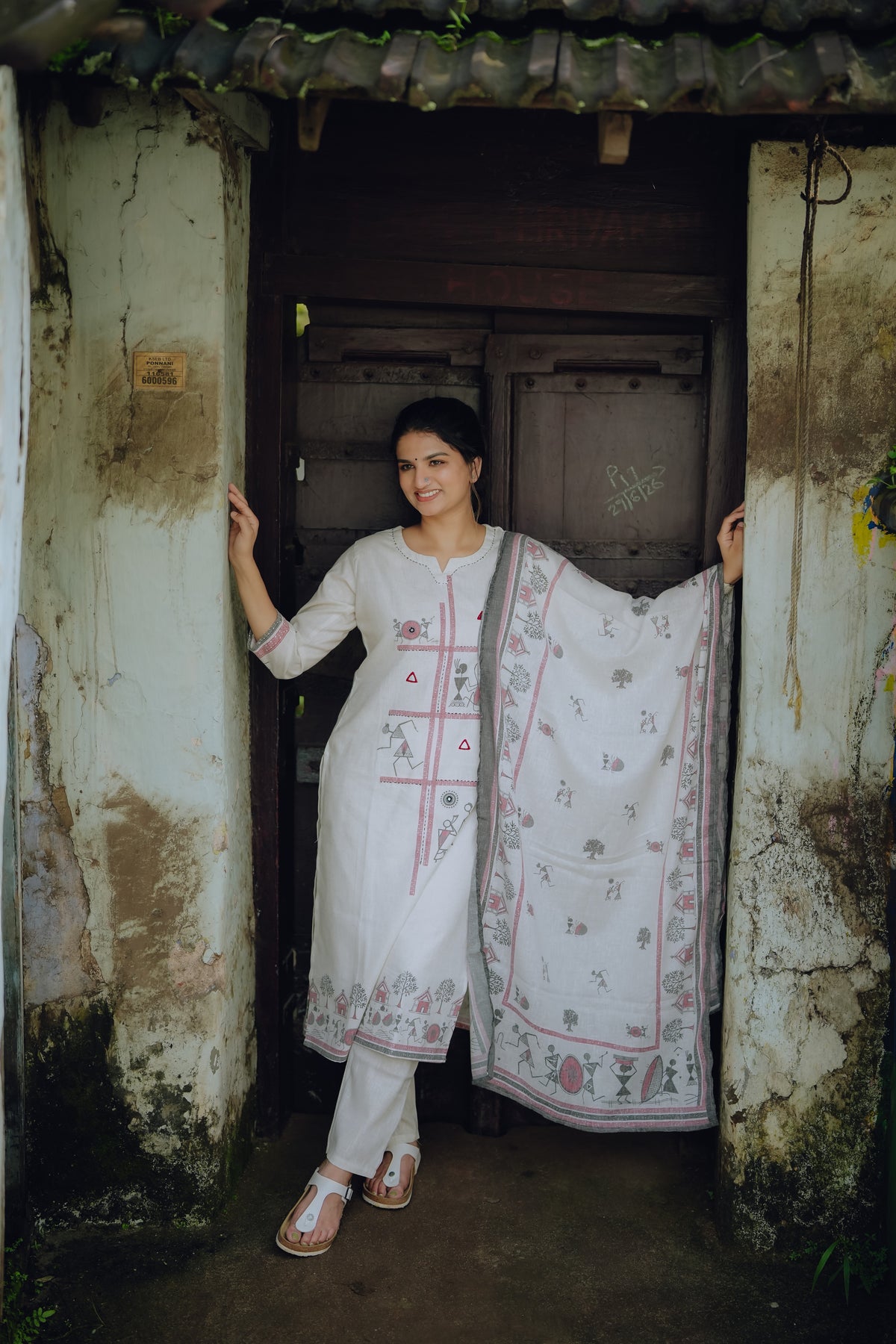 Ivory Warli Hand Block-Printed Cotton Kurta Set with Dupatta