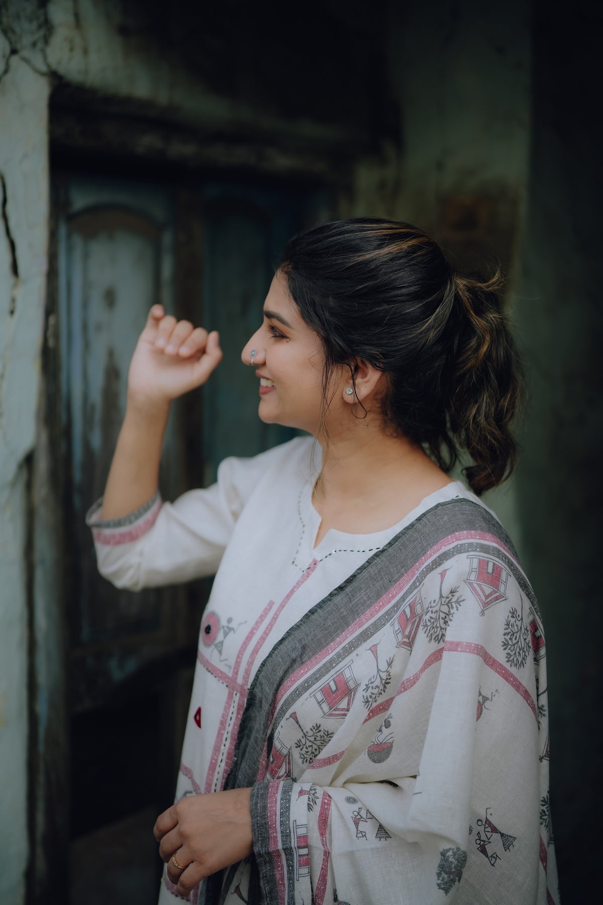 Ivory Warli Hand Block-Printed Cotton Kurta Set with Dupatta