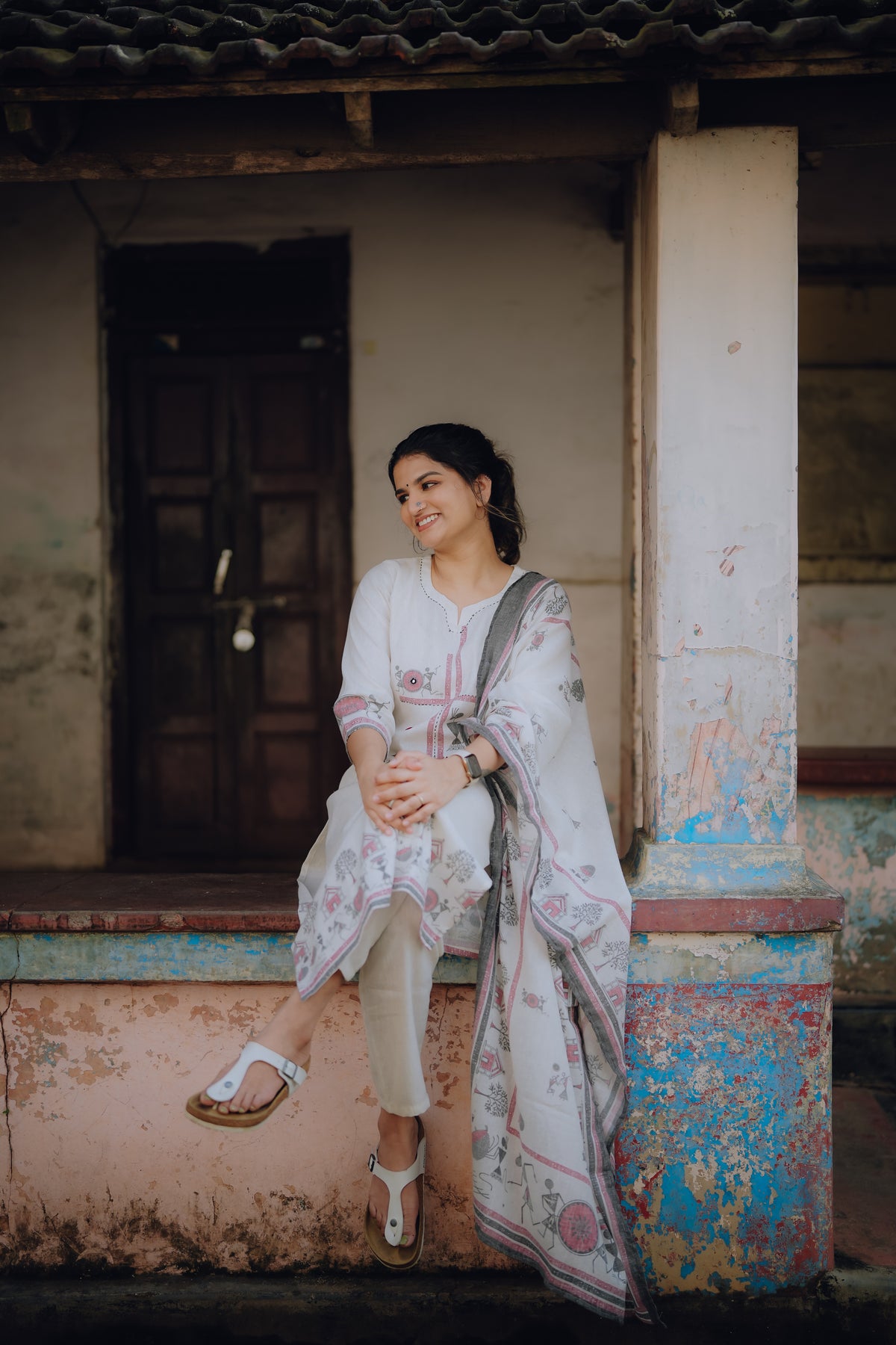 Ivory Warli Hand Block-Printed Cotton Kurta Set with Dupatta