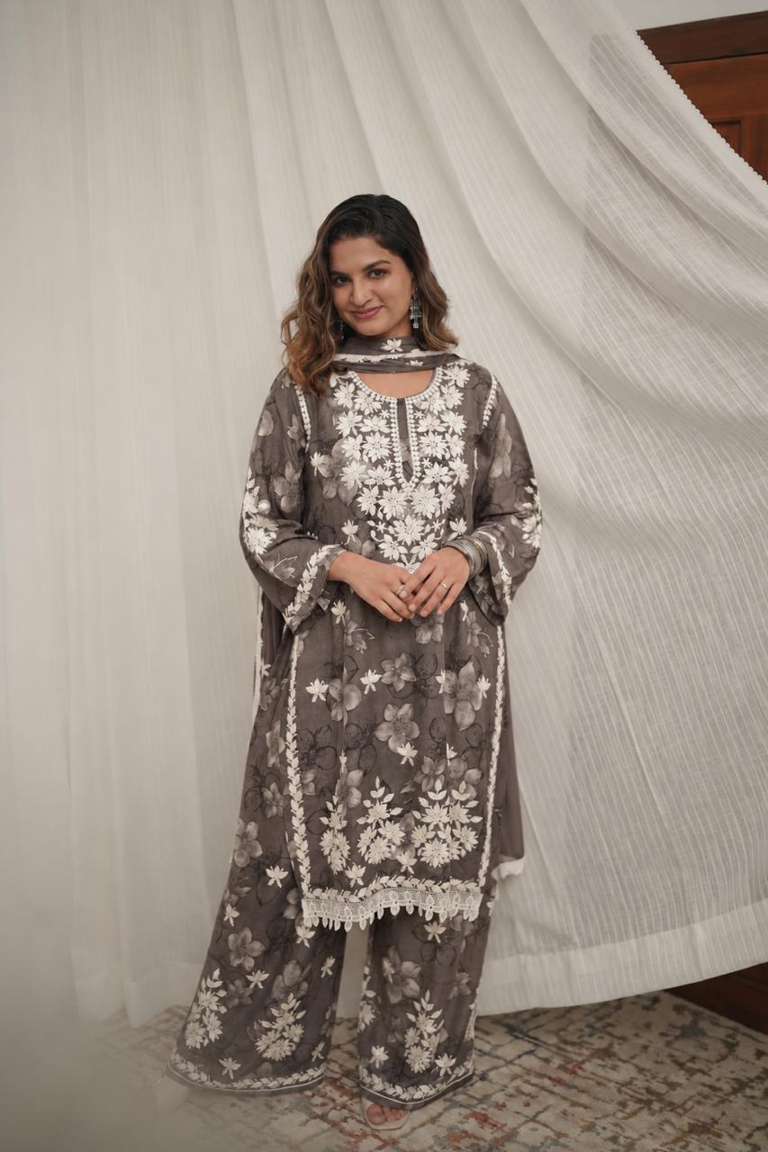 Dusty Pakistani Kurta Set with Embroidered Dupatta