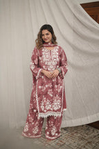 Dusty Pakistani Kurta Set with Embroidered Dupatta